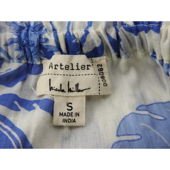 Artelier Nicole Miller Blue White Tropical Off Shoulder Ruffle Top Sz S Boho - Picture 4 of 9